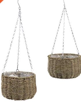 Handmade Grass Woven Hanging Planter Basket Plant Flower Pot