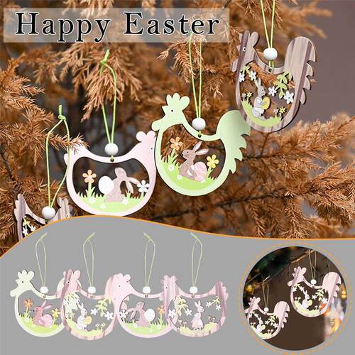4PCS/Set Happy Easter Pendants Wall Decor Wooden Easter Hang
