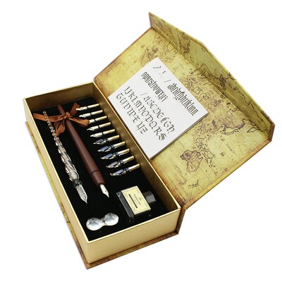 FEATTY 10 Nibs Wooden Dip Pen Set Glass Calligraphy Pen Set