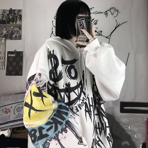 Gothic Cartoon Hip Hop Hoodies Women Japanese Funny Punk Ove