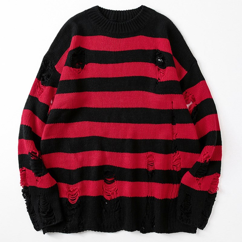 Striped Sweaters Women Punk Unisex Sweater Autumn Hollow Out