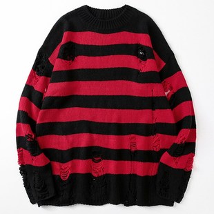 Striped Sweaters Women Punk Unisex Sweater Autumn Hollow Out