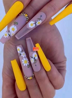 24pcs Extra Long Coffin False Nails yellow Flower designs