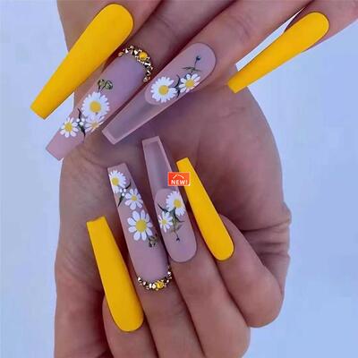 24pcs Extra Long Coffin False Nails yellow Flower designs