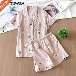 Japanese Simple Short Pyjamas Women 100% Cotton Short Sve