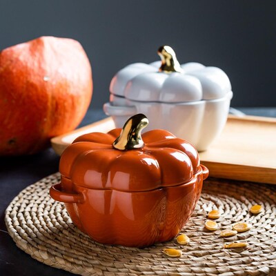 Pumpkin Shape Baking Bowl With Lid Glaze Au Gratin Soup