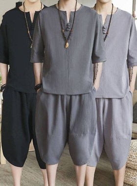 New men's thin linen suit summer Chinese loose large cotton