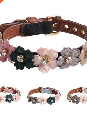Dog Flower Collar Cute Shiny Diaonds Leather Dogs Necklaces