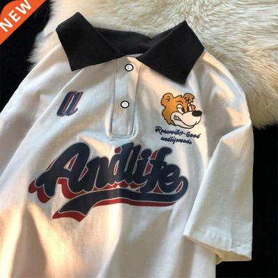 American style contrast color lapel POLO shirt short sleeved