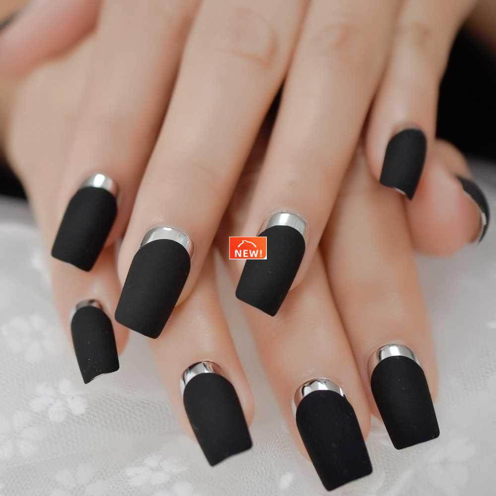 Matte Square Fake Nails Medium Long Size French Moo Nail
