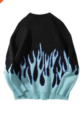 Sweater Men Setwear Retro Flame Pattern Hip Hop Autumn New P