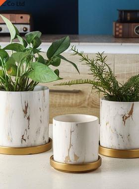 European-style Ceramic Marble Gold-pattern Cylindrical Flowe