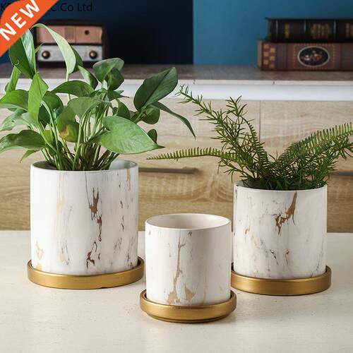 European-style Ceramic Marble Gold-pattern Cylindrical Flowe