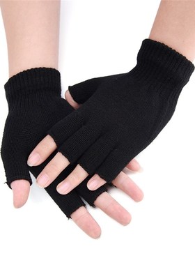 Black Short Half Finger Fingerless Wool Knit Wrist Glove Win