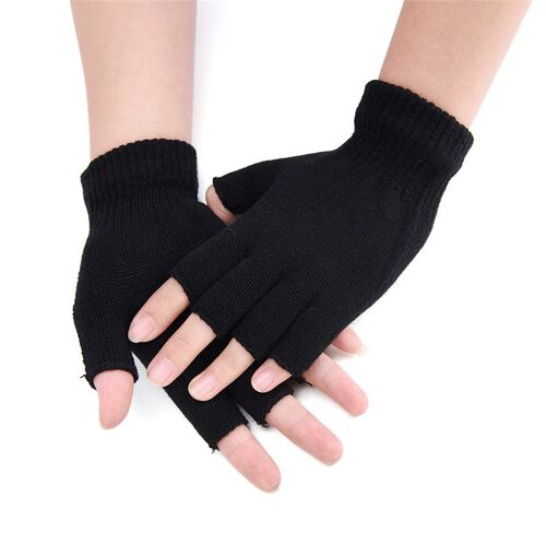 Black Short Half Finger Fingerless Wool Knit Wrist Glove Win