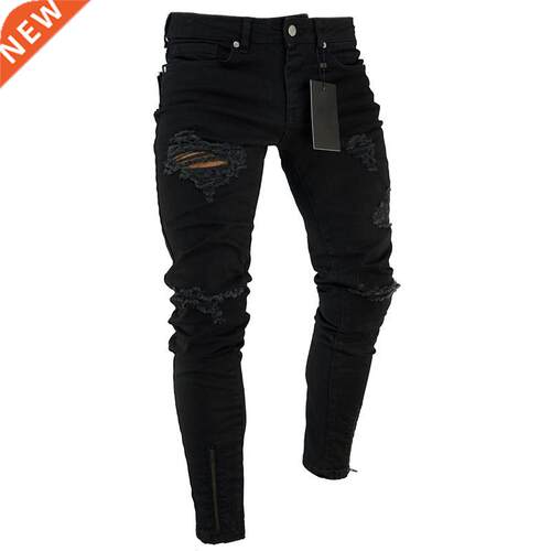 2022 Black Stretch Skinny Fit Bottom Zipper Jeans Men Knee R