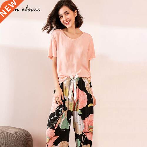 Summer Pajamas Set Women Spwear Female Casual Floral Prin