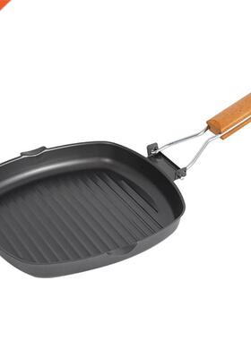 Grill Pan Foldable Portable Iron Rustproof Wooden Handle Fry