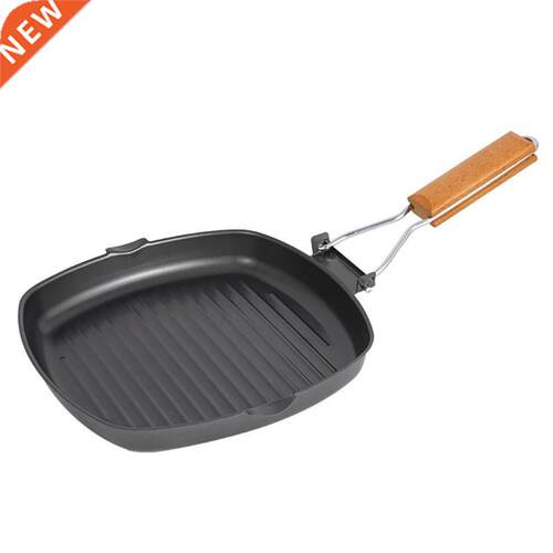 Grill Pan Foldable Portable Iron Rustproof Wooden Handle Fry