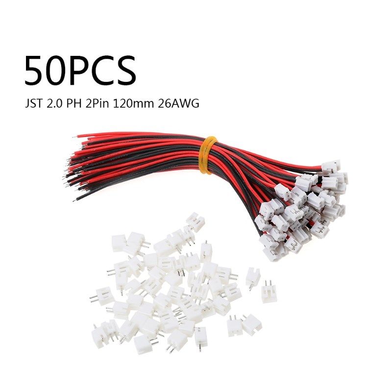 50Pcs Mini Micro JST 2.0 PH 2-Pin Connector Plug with 120MM