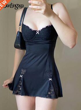Darlingaga Y2K Retro Lace Patchwork Strap Bow Black Dress Mi