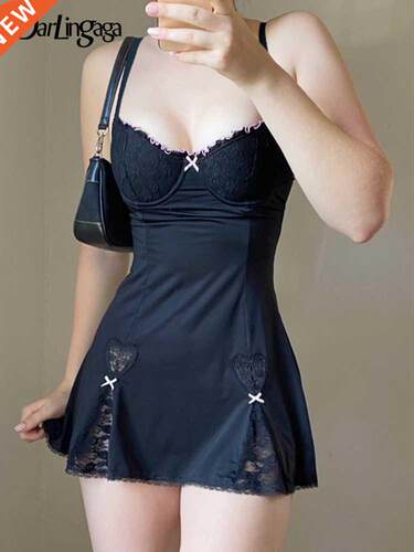 Darlingaga Y2K Retro Lace Patchwork Strap Bow Black Dress Mi