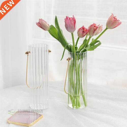 Metal Handle Vase Glass Flower Container Artistic Flower Tub