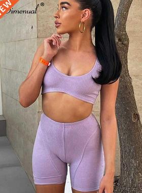 Simenual Ribbed Pure Color 2 Piece Sets Women Athleisure Sli
