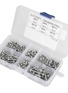 210pcs M3 304 Hex Socket Cup Head Bolt Screws Nuts Assortmen
