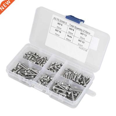210pcs M3 304 Hex Socket Cup Head Bolt Screws Nuts Assortmen