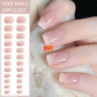 24pcs French Fake Nails Short Art Nail Tips Press Stick on F