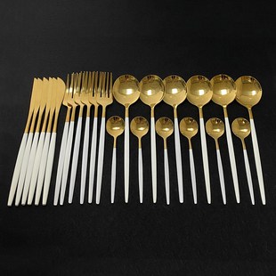 24Pcs White Gold Cutlery Set Kitchen Tableware Set