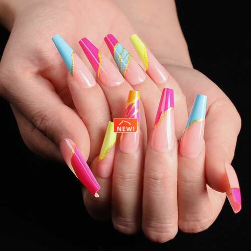 24pcs/box fake nails with glue designed colourful Gold