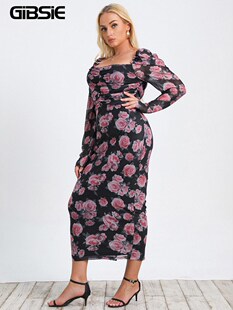 GIBSIE Plus Size Sweetheart Neck Ruched Floral Print Mesh Dr