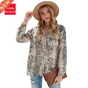 Snake Pattern Turn down Collar Shrts Women Tops Plus Sze