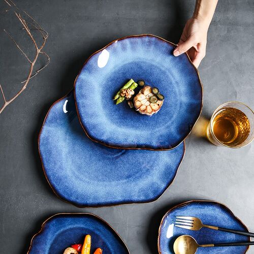 Ceramic Plates Deep Blue Irregular Flat Plate Pottery Dish