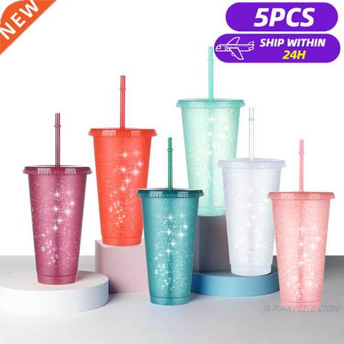 5PCS Flash Powder Water Bottles For Girl With Straw Reusable