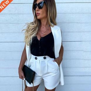 Womens Two Peice Sets Sleeveless Plaid Button Up Tops Blazer