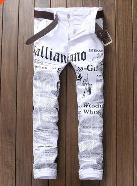 Men jeans denim white newspaper print ripped casual straight