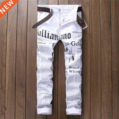 Men jeans denim white newspaper print ripped casual straight