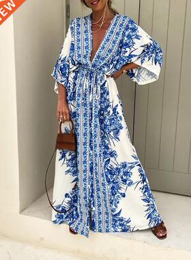 Boho Deep V Ne Waist Drawstring Long Dress Women Spring Pa