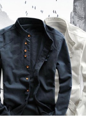 Men's Cotton Linen Shirts Long Sleeve Men Casual Slim Ma