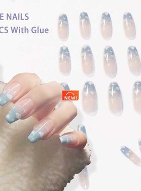French Clouds Fake Nails Long Blue Coffin Press on Nail Tips