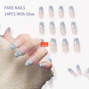 French Clouds Fake Nails Long Blue Coffin Press on Nail Tips