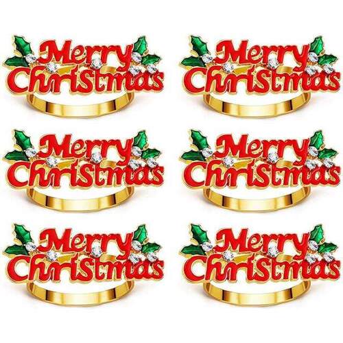 Christmas Napkin Rings Set of 6, Red Merry Christmas Napkin