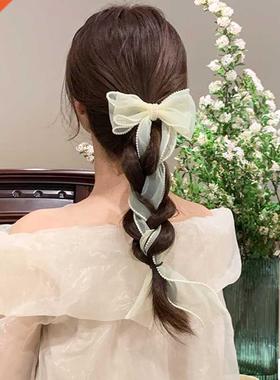2022 New Organza Pearls Long Ribbon Barrette Bow Hair Clip F