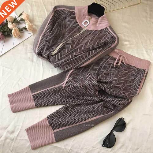 Autumn New Women Geometric Knitting Tracksuit Zipper Cardig