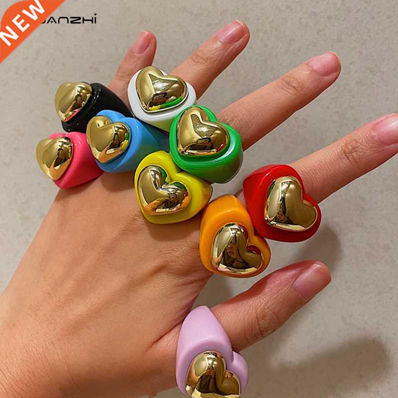 HUANZHI 2021 New Color Love Heart Acrylic Resin Rings Gold M