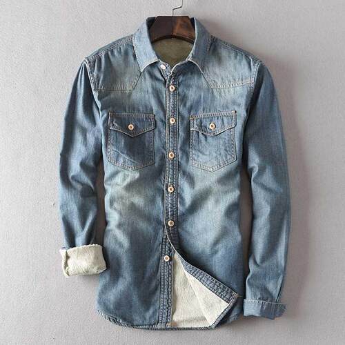 Plush men	s long sleeved denim shirt Autumn and winter ne