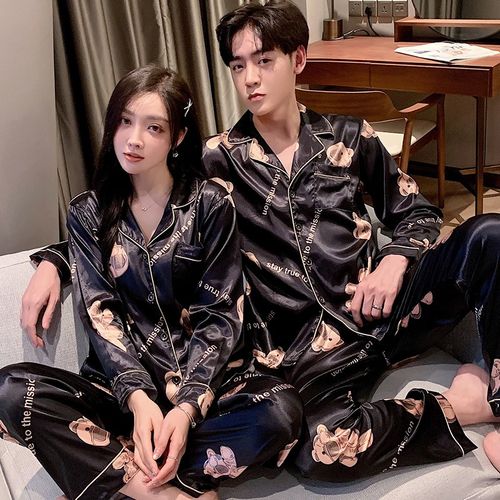 Fashion Sleepwear Silk Satin Pajamas Couple Set Long Button-